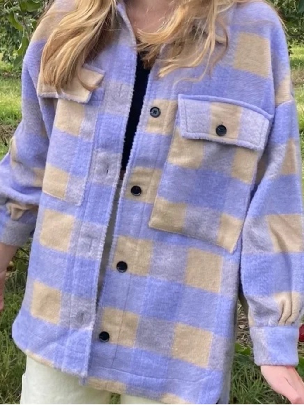 Princess Polly Plaid Shacket Jacket in Lavender and Beige